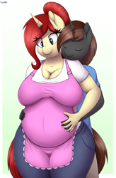 Size: 3000x4581 | Tagged: safe, artist:an-tonio, imported from derpibooru, oc, oc only, oc:golden brooch, oc:twisty, anthro, unicorn, apron, big breasts, breasts, busty golden brooch, cleavage, clothes, commission, female, freckles, horn, hug, hug from behind, male, mare, milf, oc x oc, pregnant, shipping, stallion, straight