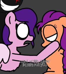Size: 1275x1414 | Tagged: safe, artist:professorventurer, imported from derpibooru, pinkie pie, pipp petals, sunny starscout, earth pony, pegasus, pony, series:ask pippamena, behind you, creepypasta, female, g5, glowing, glowing eyes, lesbian, look out, no catchlights, pinkamena diane pie, pippamena, shadow, shipping, smiling, sunnypipp