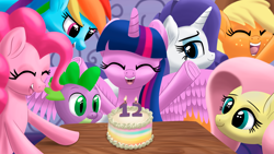 Size: 3840x2160 | Tagged: safe, artist:stellardust, imported from derpibooru, applejack, fluttershy, pinkie pie, rainbow dash, rarity, spike, twilight sparkle, alicorn, dragon, earth pony, pegasus, pony, unicorn, anniversary, anniversary art, cake, eyes closed, female, flying, food, happy birthday mlp:fim, male, mane seven, mane six, mare, mlp fim's twelfth anniversary, open mouth, smiling, spread wings, table, twilight sparkle (alicorn), wings