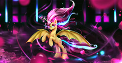 Size: 3832x2000 | Tagged: safe, artist:darksly, imported from derpibooru, fluttershy, alicorn, bat pony, bat pony alicorn, pony, alicornified, apple, badass, bat ponified, bat wings, eye mist, flutterbadass, flutterbat, fluttercorn, food, horn, nightmare flutterbat, nightmare fluttershy, nightmarified, race swap, rearing, solo, wings