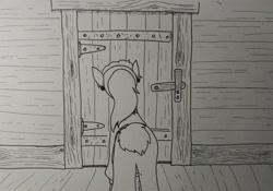 Size: 2048x1430 | Tagged: safe, artist:pony quarantine, imported from derpibooru, oc, oc only, oc:bo, earth pony, pony, butt, door, facing away, female, grayscale, mare, monochrome, plot, solo, traditional art
