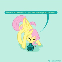 Size: 2048x2048 | Tagged: safe, artist:kinggpepper, imported from derpibooru, fluttershy, pegasus, pony, blowing bubbles, bong, cute, dialogue, eyes closed, female, green background, mare, shyabetes, simple background, solo, speech bubble