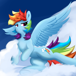 Size: 4096x4096 | Tagged: safe, artist:leoliu0491, imported from derpibooru, rainbow dash, pegasus, pony, absurd resolution, backwards cutie mark, cloud, cute, dashabetes, female, flying, looking at you, mare, on a cloud, smiling, solo, spread wings, wings