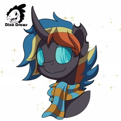 Size: 2048x2048 | Tagged: safe, artist:dinodrawsart, imported from derpibooru, oc, oc only, oc:sardonyx, changeling, bust, clothes, cute, cuteling, multicolored hair, ocbetes, orange changeling, rainbow hair, requested art, scarf, signature, simple background, solo, sparkles, striped scarf, white background