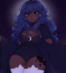 Size: 1164x1280 | Tagged: safe, artist:dealoe, imported from derpibooru, princess luna, human, anime style, breasts, busty princess luna, cleavage, cutie mark on human, dark skin, female, humanized, low angle, night, solo