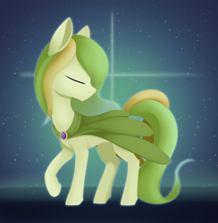 Size: 2584x2644 | Tagged: safe, artist:dusthiel, imported from derpibooru, oc, oc only, oc:dust wind, earth pony, pony, abstract background, beautiful, cloak, clothes, concave belly, ethereal mane, ethereal tail, eyes closed, male, raised hoof, slim, solo, tail, thin, turned head