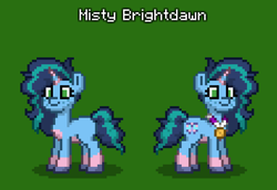 Size: 711x490 | Tagged: safe, imported from derpibooru, pony, unicorn, pony town, blank flank, fake cutie mark, freckles, g5, medallion, misty brightdawn, pixel art, smiling