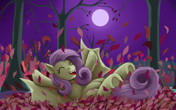 Size: 1920x1200 | Tagged: safe, artist:earthquake87, imported from derpibooru, fluttershy, bat pony, pony, bat ponified, cute, eyes closed, fangs, female, flutterbat, full moon, happy, leaves, lying down, mare, moon, night, on back, open mouth, open smile, playing, race swap, shyabetes, smiling, solo