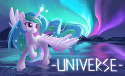 Size: 2407x1471 | Tagged: safe, artist:rily, imported from derpibooru, princess celestia, alicorn, pony, unicorn, aurora, female, g4, mare, night, plushie, running, shiny, solo, sparkles, text, wings