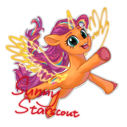 Size: 1938x1938 | Tagged: safe, artist:rily, imported from derpibooru, sunny starscout, alicorn, earth pony, pony, alicorn sunny, blue eyes, cute, female, flying, g5, happy, heart, hoof heart, looking at you, mane stripe sunny, my little pony: a new generation, my little pony: make your mark, open mouth, open smile, orange skin, rainbow, simple background, smiling, smiling at you, solo, sunnybetes, transparent background