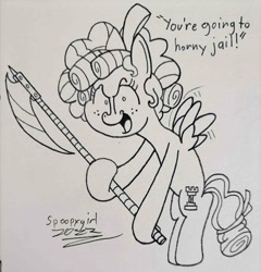 Size: 1500x1563 | Tagged: safe, artist:spoopygirl, imported from derpibooru, cozy glow, pegasus, pony, axe, horny jail, lineart, pen drawing, signature, solo, text, traditional art, weapon