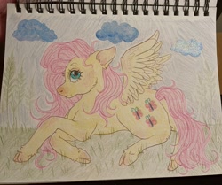 Size: 3024x2531 | Tagged: safe, artist:calicowboye, imported from derpibooru, fluttershy, pegasus, pony, cloven hooves, cute, female, lying down, mare, prone, shyabetes, solo, traditional art