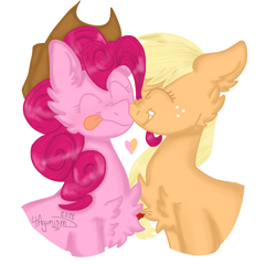 Size: 1138x1090 | Tagged: safe, artist:4agonism, imported from derpibooru, applejack, pinkie pie, earth pony, pony, accessory swap, applejack's hat, applepie, boop, bust, cheek fluff, chest fluff, cowboy hat, cute, duo, duo female, ear fluff, ears back, female, freckles, grin, hat, hatless, heart, lesbian, mare, missing accessory, nose wrinkle, noseboop, shipping, shoulder fluff, simple background, smiling, those gay horses, tongue out, white background