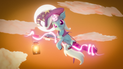 Size: 3840x2160 | Tagged: safe, artist:featray, imported from derpibooru, trixie, pony, unicorn, 3d, blender, broom, cloud, female, flying, flying broomstick, halloween, holiday, lantern, looking at you, mare, sky, solo, unshorn fetlocks