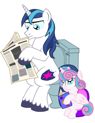 Size: 1146x1475 | Tagged: safe, anonymous artist, imported from derpibooru, princess flurry heart, shining armor, alicorn, pony, unicorn, book, but why, father and child, father and daughter, female, implied pooping, male, newspaper, potty, potty time, potty training, sitting, sitting on toilet, toilet