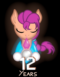 Size: 2900x3740 | Tagged: safe, artist:strategypony, imported from derpibooru, sunny starscout, earth pony, pony, black background, braid, crystal, earth pony crystal, eyes closed, female, g5, holding, mare, mlp fim's twelfth anniversary, number, pegasus crystal, simple background, text, unicorn crystal, unity crystals