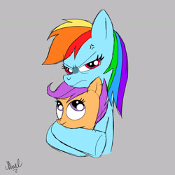 Size: 2048x2048 | Tagged: safe, artist:fanartist2020, imported from derpibooru, rainbow dash, scootaloo, pegasus, pony, angry, cross-popping veins, duo, duo female, emanata, female, filly, foal, gray background, grumpy dash, hug, looking up, mare, out of character, scootalove, signature, simple background