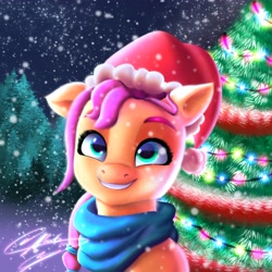 Size: 4096x4096 | Tagged: safe, artist:alfunezart, imported from derpibooru, sunny starscout, earth pony, pony, absurd resolution, christmas, christmas tree, clothes, cute, daaaaaaaaaaaw, female, floppy ears, g5, happy, hat, holiday, mare, one ear down, santa hat, scarf, smiling, snow, snowfall, solo, sunnybetes, tree