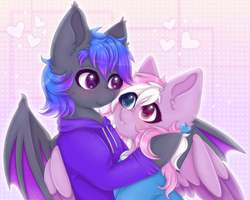 Size: 2500x2000 | Tagged: safe, artist:saltyvity, imported from derpibooru, oc, bat pony, pegasus, pony, bat pony oc, bat wings, big eyes, blue eyes, blue hair, blushing, clothes, commission, cute, ear fluff, embarrassed, fluffy, heart, heart eyes, hoodie, love, pink background, pink eyes, pink hair, purple eyes, romance, romantic, simple background, sparkles, wingding eyes, wings