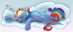 Size: 2500x1100 | Tagged: safe, artist:starcasteclipse, imported from derpibooru, rainbow dash, pegasus, pony, backwards cutie mark, cloud, drool, ear fluff, eyes closed, female, mare, on a cloud, onomatopoeia, open mouth, sleeping, sleepydash, snoring, solo, sound effects, wing fluff, wings, zzz