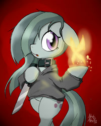 Size: 640x800 | Tagged: safe, artist:a.s.e, imported from derpibooru, marble pie, earth pony, pony, semi-anthro, clothes, female, fire, hair over one eye, hoof hold, knife, mare, solo