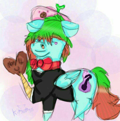 Size: 792x799 | Tagged: safe, artist:kittenhugs, imported from derpibooru, oc, oc:precised note, pegasus, pony, alternate cutie mark, bowtie, chocolate, clothes, female, food, hat, heart, mare, simple background, smiling, tuxedo, two toned mane, watermark