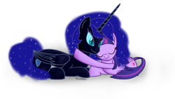 Size: 1280x720 | Tagged: safe, artist:parronist, imported from derpibooru, twilight sparkle, oc, oc:nyx, alicorn, pony, alicorn oc, duo, eyes closed, female, horn, hug, mother and child, mother and daughter, simple background, transparent background, twilight sparkle (alicorn), wings
