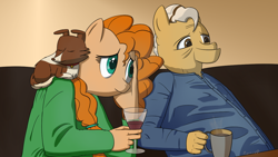 Size: 1280x720 | Tagged: safe, artist:parronist, imported from derpibooru, grand pear, pear butter, winona, anthro, earth pony, alcohol, father and child, father and daughter, female, male