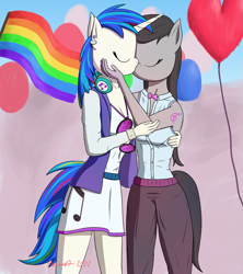 Size: 853x960 | Tagged: safe, artist:parronist, imported from derpibooru, dj pon-3, octavia melody, vinyl scratch, anthro, earth pony, unicorn, balloon, duo, eyes closed, female, heart, kiss on the lips, kissing, lesbian, mare, pride flag, scratchtavia, shipping