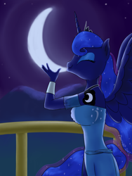 Size: 720x960 | Tagged: safe, artist:parronist, imported from derpibooru, princess luna, alicorn, anthro, eyes closed, female, forced perspective, moon, solo