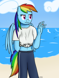 Size: 1440x1920 | Tagged: safe, artist:parronist, imported from derpibooru, rainbow dash, anthro, pegasus, pony, beach, cigarette, female, ocean, smoking, solo, water