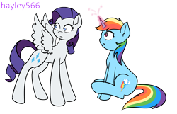 Size: 2448x1576 | Tagged: safe, artist:hayley566, imported from derpibooru, rainbow dash, rarity, pegasus, pony, unicorn, duo, female, glowing, glowing horn, horn, pegasus rarity, race swap, role reversal, simple background, transparent background, unicorn rainbow dash