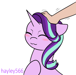 Size: 1624x1589 | Tagged: safe, artist:hayley566, imported from derpibooru, starlight glimmer, human, pony, unicorn, :3, blushing, cute, eyes closed, female, glimmerbetes, hand, human on pony petting, petting, simple background, solo, transparent background, wholesome