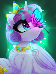 Size: 1500x2000 | Tagged: safe, artist:taiweiart, imported from derpibooru, princess flurry heart, alicorn, butterfly, insect, pony, butterfly on nose, chest fluff, crown, cute, female, filly, flurrybetes, foal, heart, heart eyes, insect on nose, jewelry, older, older flurry heart, regalia, solo, watermark, wingding eyes