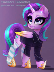 Size: 1500x2000 | Tagged: safe, artist:taiweiart, imported from derpibooru, starlight glimmer, alicorn, pony, alicornified, clothes, colored wings, colored wingtips, female, gradient background, race swap, socks, solo, starlicorn, striped socks, wings