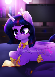 Size: 1429x2000 | Tagged: safe, artist:taiweiart, imported from derpibooru, twilight sparkle, alicorn, pony, book, crown, female, jewelry, regalia, solo, television, twilight sparkle (alicorn)