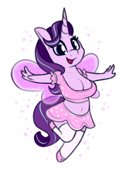 Size: 604x819 | Tagged: safe, artist:andelai, imported from derpibooru, starlight glimmer, anthro, fairy, unguligrade anthro, unicorn, breasts, busty starlight glimmer, chubby, cleavage, clothes, cute, fairy wings, female, mare, midriff, simple background, skirt, solo, white background, wings