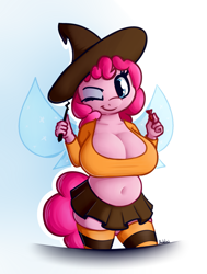 Size: 1481x1957 | Tagged: safe, artist:andelai, imported from derpibooru, pinkie pie, anthro, earth pony, belly, belly button, big breasts, breasts, busty pinkie pie, chubby, cleavage, clothes, costume, female, halloween, holiday, midriff, one eye closed, solo, wink