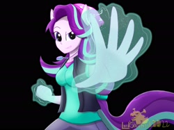 Size: 2732x2048 | Tagged: safe, artist:lordshrekzilla20, imported from derpibooru, starlight glimmer, human, equestria girls, black background, clothes, female, glowing hands, magic, magical geodes, ponied up, simple background, solo