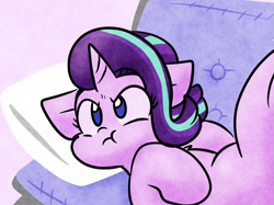 Size: 745x558 | Tagged: safe, artist:zutcha, imported from derpibooru, starlight glimmer, pony, unicorn, angry, cute, female, glimmerbetes, grumpy, lying down, madorable, on back, pillow, pouting, solo