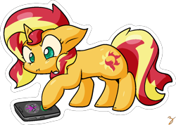 Size: 1011x720 | Tagged: safe, artist:zutcha, imported from derpibooru, sunset shimmer, pony, unicorn, cellphone, female, implied sci-twi, phone, ponies with technology, simple background, transparent background