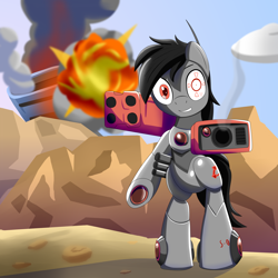 Size: 2500x2500 | Tagged: safe, artist:trackheadtherobopony, imported from derpibooru, oc, oc:sentry pony, pony, robot, robot pony, bipedal, carrier, crosshair, destruction, explosion, fire, gun, pointing at you, rocket launcher, sentry gun, solo, team fortress 2, weapon