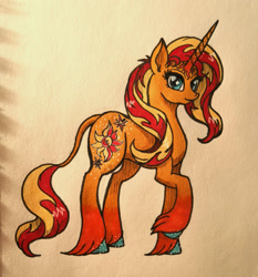 Size: 1920x2063 | Tagged: safe, artist:mesuyoru, imported from derpibooru, sunset shimmer, pony, unicorn, female, leonine tail, solo, tail, traditional art, unshorn fetlocks