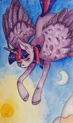 Size: 1994x3332 | Tagged: safe, artist:stillshink, imported from derpibooru, twilight sparkle, alicorn, pony, female, moon, solo, sun, traditional art, twilight sparkle (alicorn)