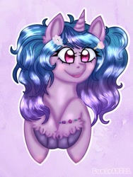 Size: 621x828 | Tagged: safe, artist:lumiaart11, imported from derpibooru, izzy moonbow, pony, unicorn, cloven hooves, cute, female, flower, flower in hair, g5, solo