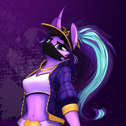 Size: 1280x1280 | Tagged: safe, artist:alrumoon_art, imported from derpibooru, starlight glimmer, anthro, unicorn, belly button, breasts, clothes, curved horn, female, hat, horn, mask, midriff, reasonably sized breasts, solo, sports bra