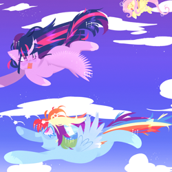 Size: 2000x2000 | Tagged: safe, artist:anubiscatto, imported from derpibooru, fluttershy, rainbow dash, twilight sparkle, alicorn, pegasus, pony, female, flying, trio, twilight sparkle (alicorn)