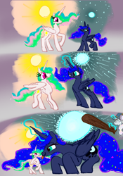 Size: 3392x4842 | Tagged: safe, artist:ja0822ck, imported from derpibooru, princess celestia, princess luna, star swirl the bearded, alicorn, pony, unicorn, baseball bat, female, growth, male, mare, moon, size difference, stallion, sun