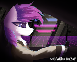 Size: 1443x1158 | Tagged: safe, artist:shepardinthesky, imported from derpibooru, oc, oc:shepard, pony, car, clothes, driving, jacket, mouth hold, movie reference, retrowave, solo, synthwave, toothpick