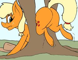 Size: 3565x2750 | Tagged: safe, artist:dynamo1940, imported from derpibooru, applejack, earth pony, pony, applebutt, applejack's hat, butt, cowboy hat, hat, plot, silly, silly pony, solo, stuck, tree, who's a silly pony